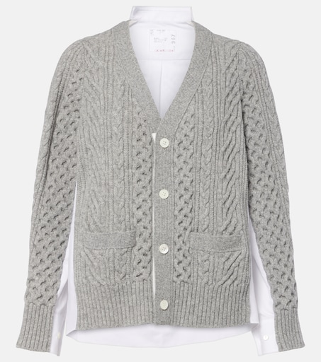 Cable-knit wool and poplin cardigan in grey - Sacai | Mytheresa