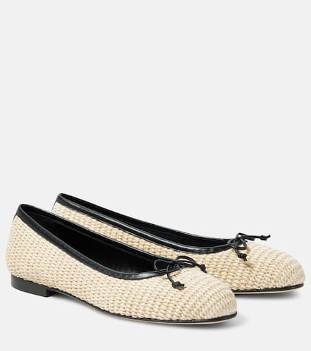 モダン＆エレガント★MANOLO BLAHNIK Capbl raffia ballet flats MANOLO BLAHNIK Capbal leather-trimmed raffia ballet flats