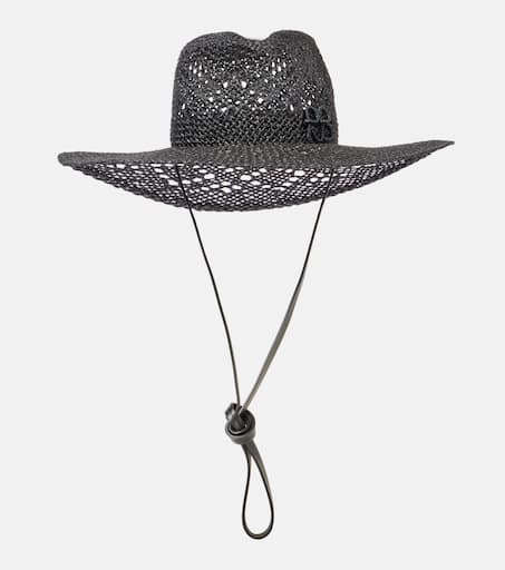 Logo leather-trimmed straw fedora in black - Ruslan
