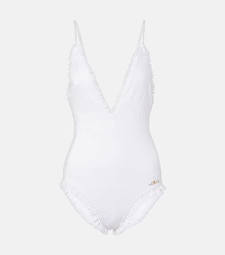 Broderie anglaise ruffled swimsuit in white - Chloe | Mytheresa