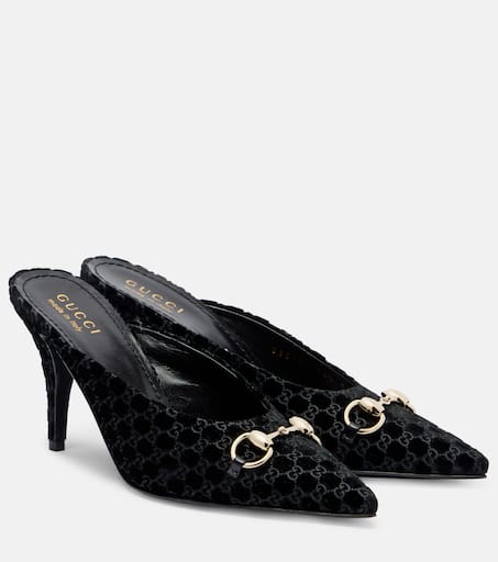 GUCCI 黒 ポインテッドトゥ ミュール Gucci Embellished 501444 Women's Black Suede Leather Block