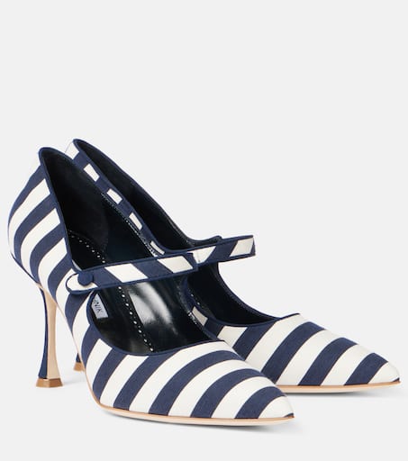 Manolo Blahnik>>カンパリ90ストライプ メリージェーン パンプス Campari 90 striped Mary Jane pumps in blue - Manolo Blahnik