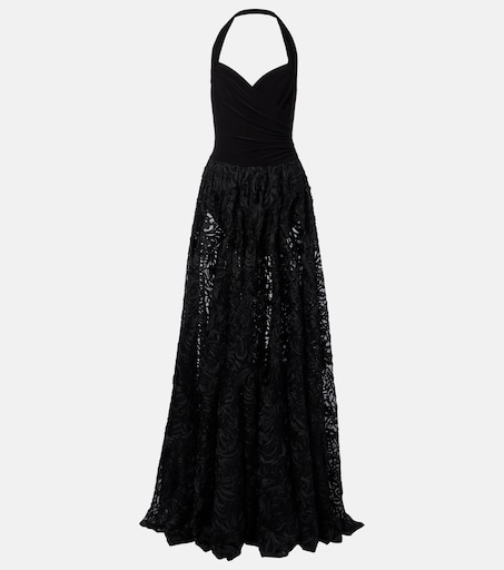 Norma Kamali, Cayla embroidered semi-sheer gown, Women, Black, US 12, Dresses, Materialmix
