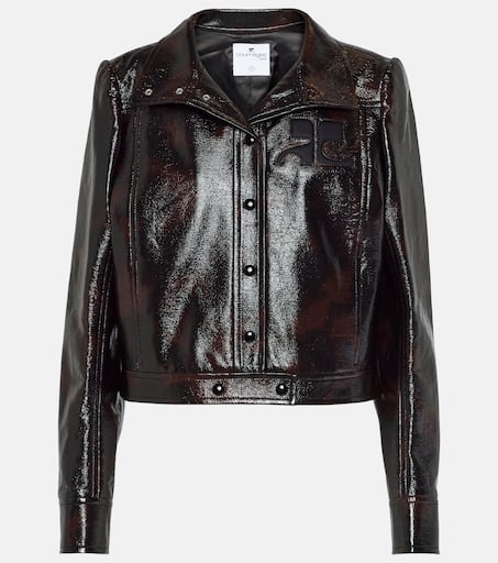 Tortoise-printed cotton-blend biker jacket in brown