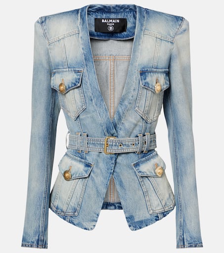 Belted cotton denim jacket in blue - Balmain | Mytheresa