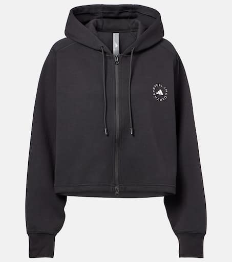 Cropped cotton-blend jersey zip-up hoodie in black - Adidas By