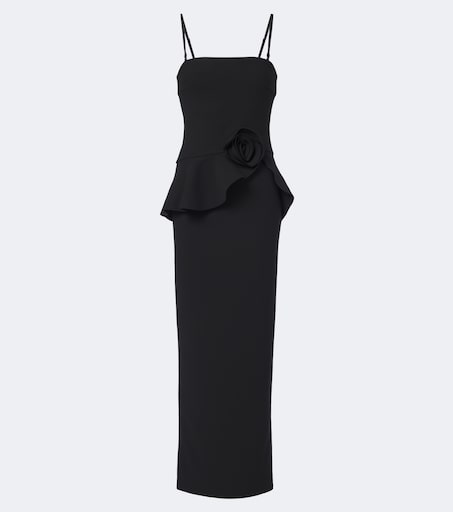 Floral-appliqué ruffled maxi dress