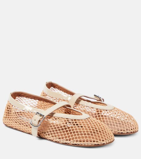 Patent leather-trimmed fishnet ballet flats in beige - Alaia