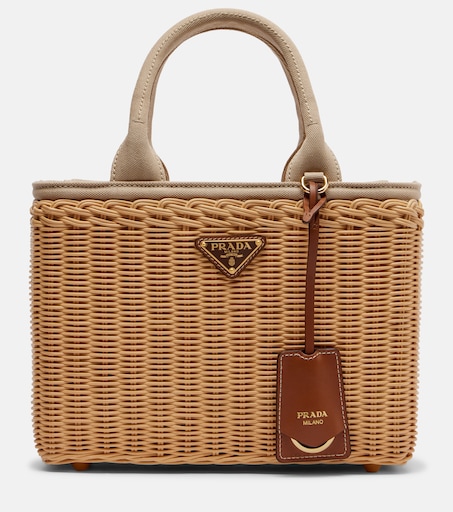 Medium wicker and canvas tote bag in beige - Prada | Mytheresa