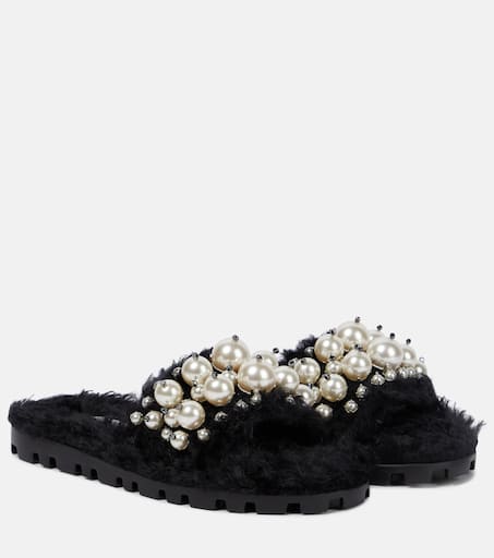 サンダル・ミュール Logo-embroidered Faux Shearling Slides Prada Logo-embroidered Faux Shearling Slides - Runway Catalog