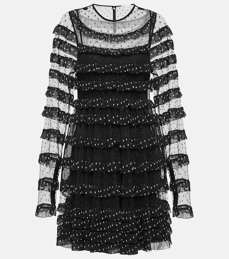 RED VALENTINOブラックドットチュールティアードミニドレス Point d'esprit tulle and georgette minidress in black - RED