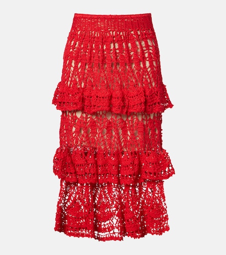 Elsie crochet ruffled cotton midi skirt in red - Anna Kosturova