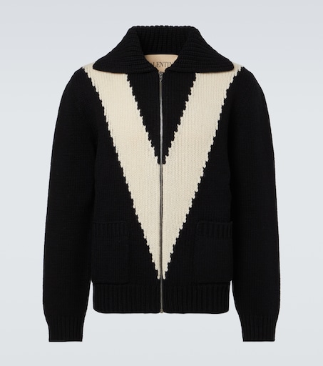 Intarsia virgin wool zip-up cardigan in black - Valentino | Mytheresa