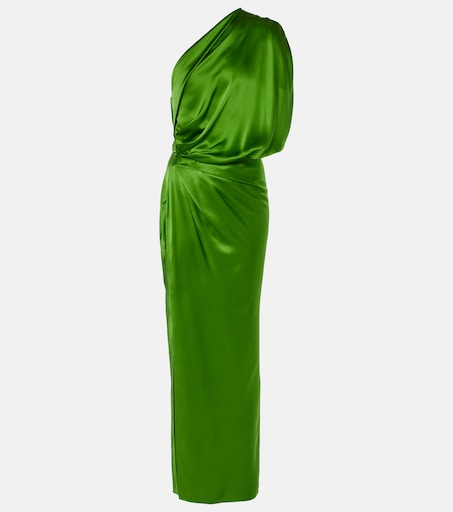 green silk one shoulder dress GREEN ONE-SHOULDER CAPE DRAPED SILK DRESS | CULT MIA