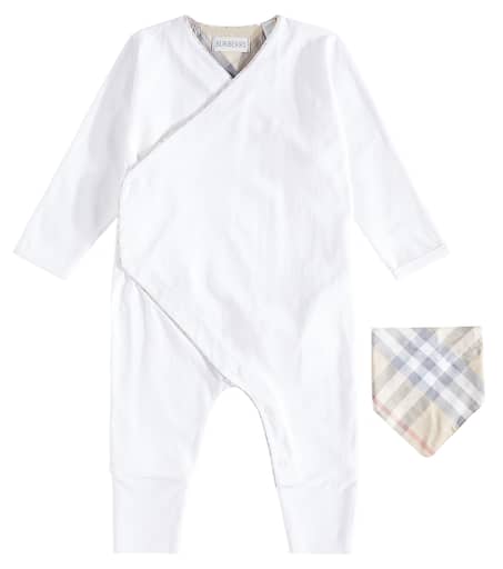 Baby cotton playsuit and bib set in white - Burberry Kids