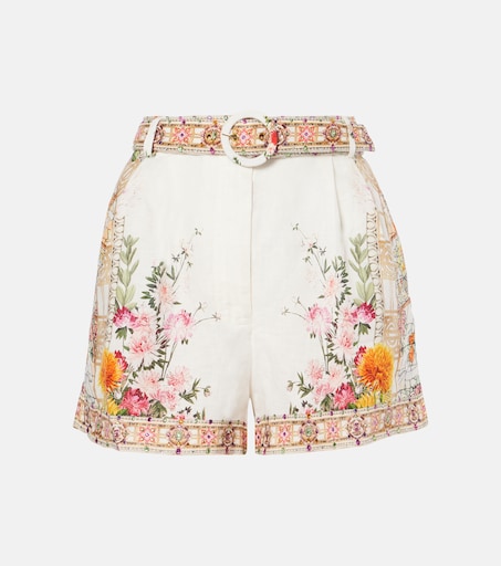 Camilla - Floral high-rise belted linen shorts