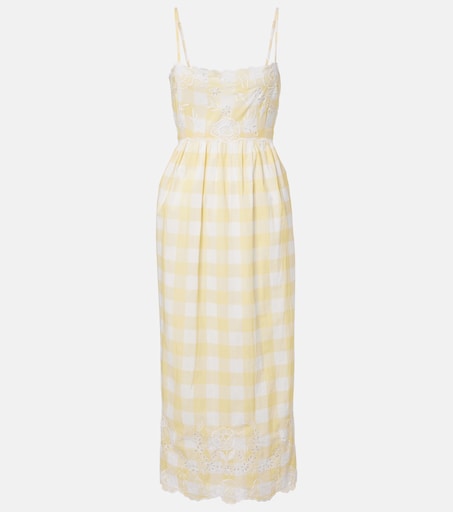 Embroidered checked cotton midi dress