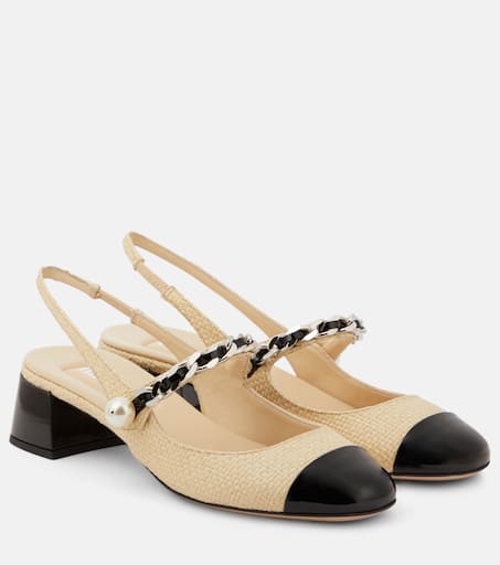Leather-trimmed raffia slingback pumps in neutrals - Miu Miu