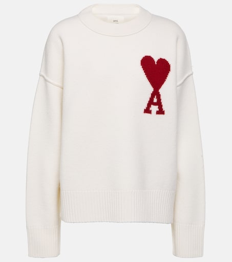 Ami De Cœur virgin wool sweater in white - Ami Paris | Mytheresa