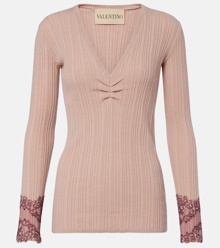 極美品♡VALENTINO ヴァレンティノ カシミヤ混 ニット ワンピース Gathered lace-trimmed cashmere sweater in pink - Valentino | Mytheresa