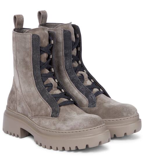 Embellished suede combat boots | Brunello Cucinelli