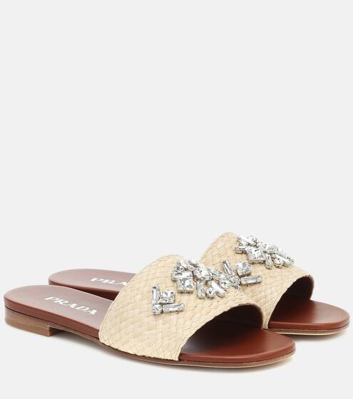 Crystal-embellished raffia slides | Prada