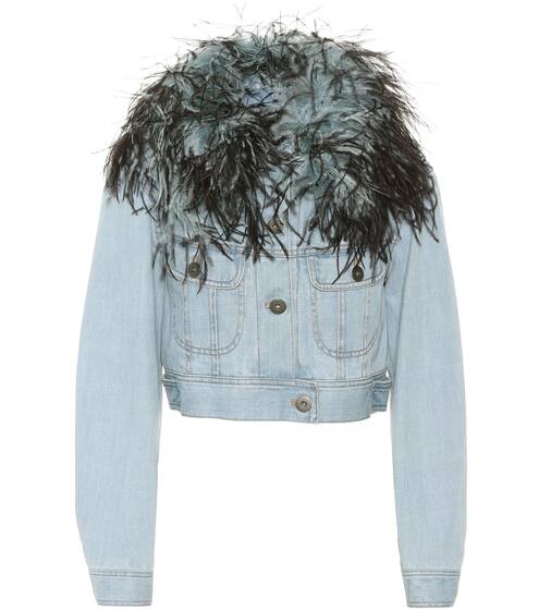 Feather-trimmed denim jacket | Prada