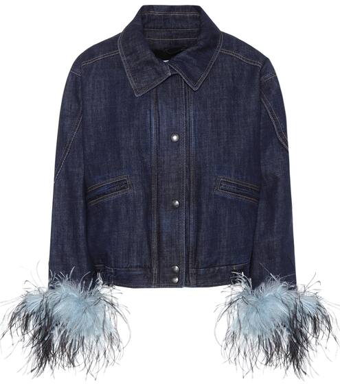 Feather-trimmed denim jacket | Prada