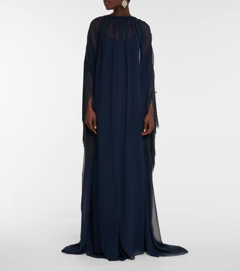 Fringed caped silk chiffon gown | Oscar de la Renta