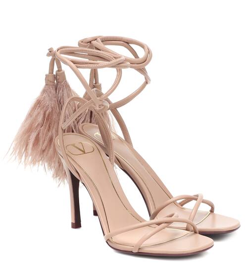Valentino Garavani Upflair 100 feather-trimmed leather sandals | Valentino