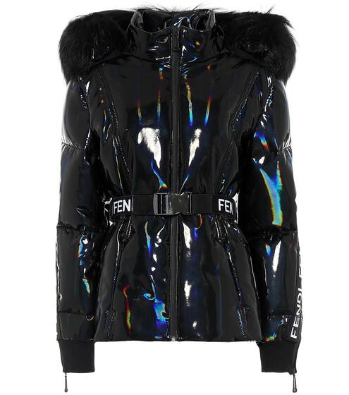 Holographic fur-trimmed down jacket | Fendi