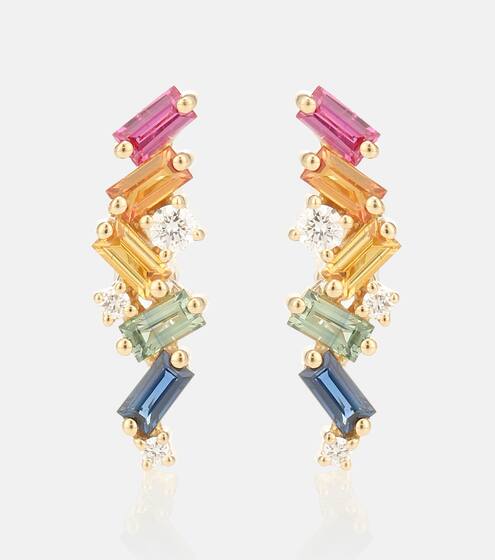 Rainbow Fireworks 18kt gold earrings with diamonds and sapphires | Suzanne Kalan