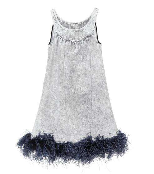 Feather-trimmed denim dress | Miu Miu