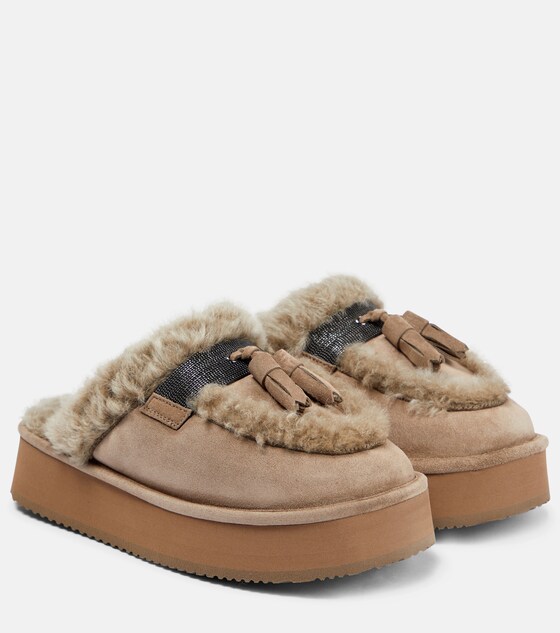 Shearling Lined Platform Slippers in Beige - Brunello Cucinelli | Mytheresa