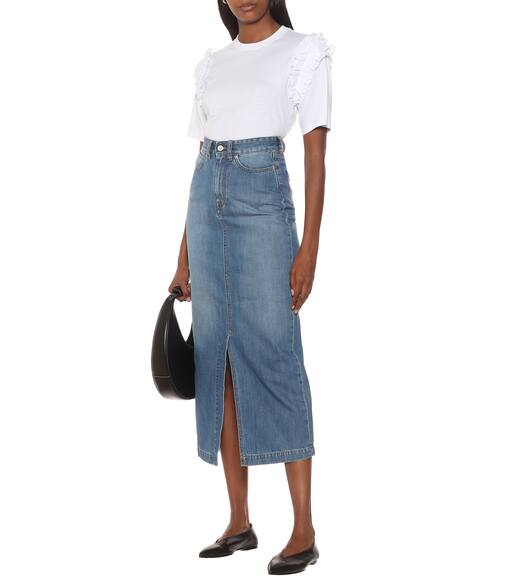 high rise denim midi skirt