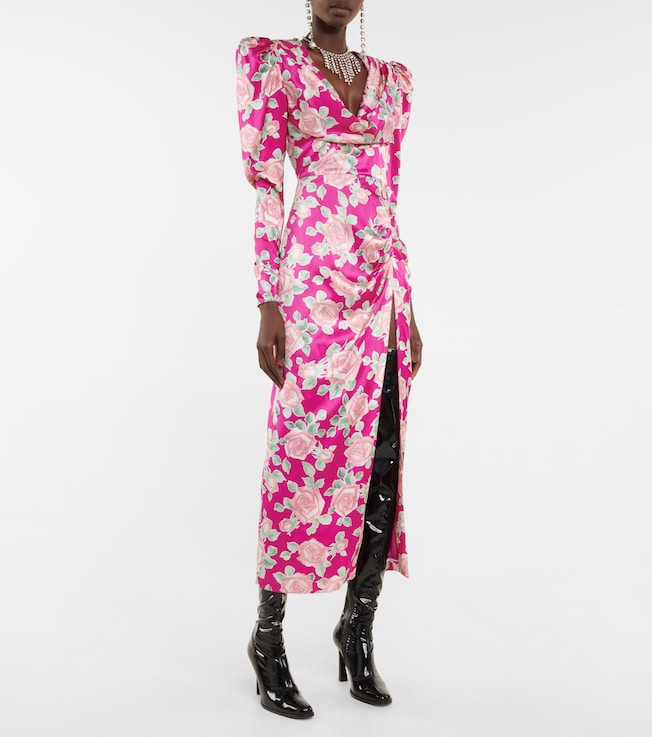 Alessandra Rich Floral draped silk satin maxi dress
