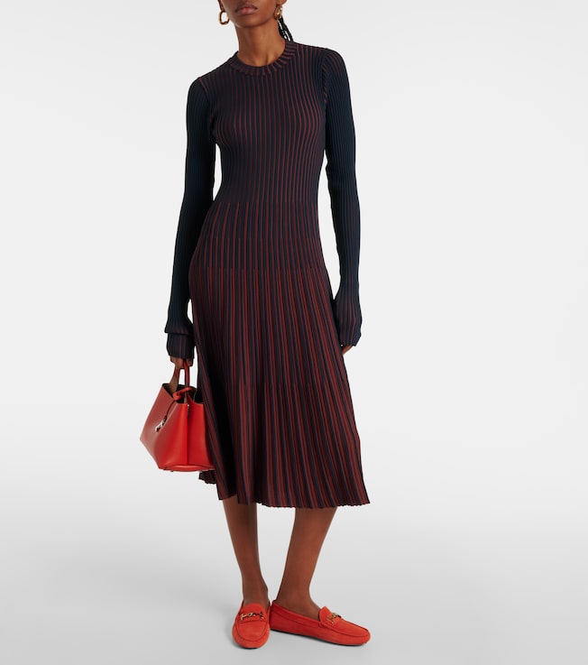 Tod's Striped pleated ribbed-knit midi dress