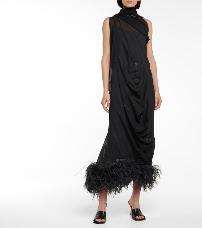 Maison Margiela Feather-trimmed stretch-silk gown