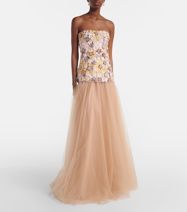Costarellos Theia floral-appliqué sequined tulle gown