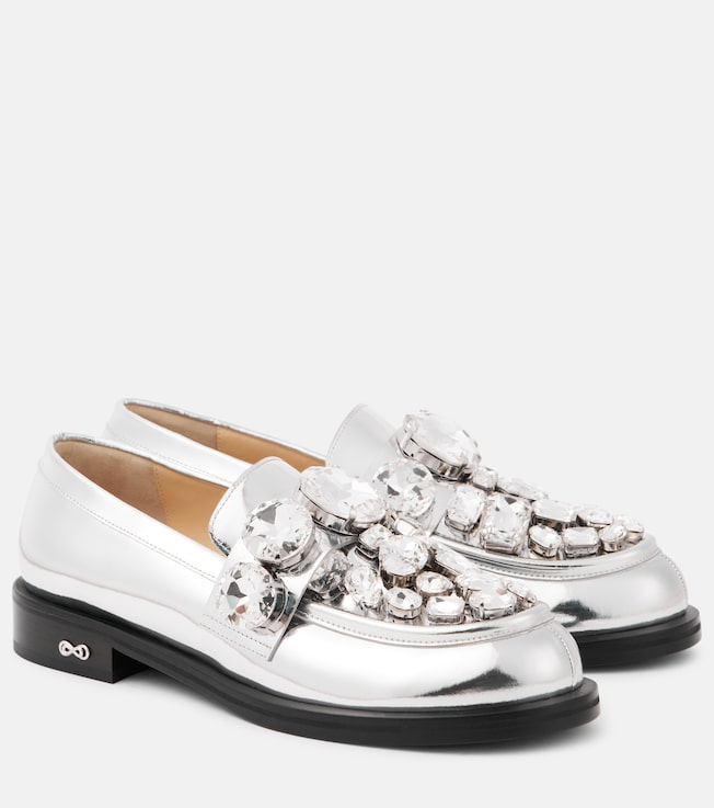 MACH & MACH Crystal-embellished metallic leather loafers