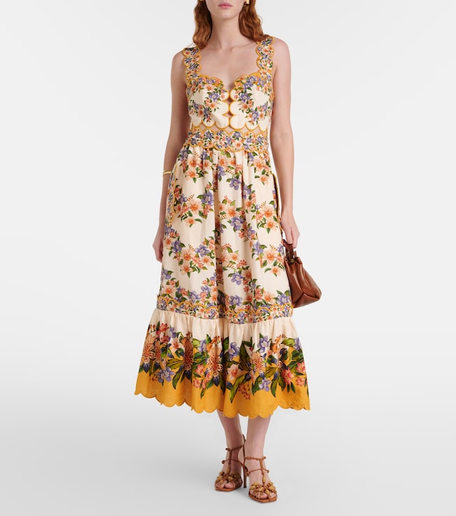 FARM Rio Floral scalloped linen-blend midi dress