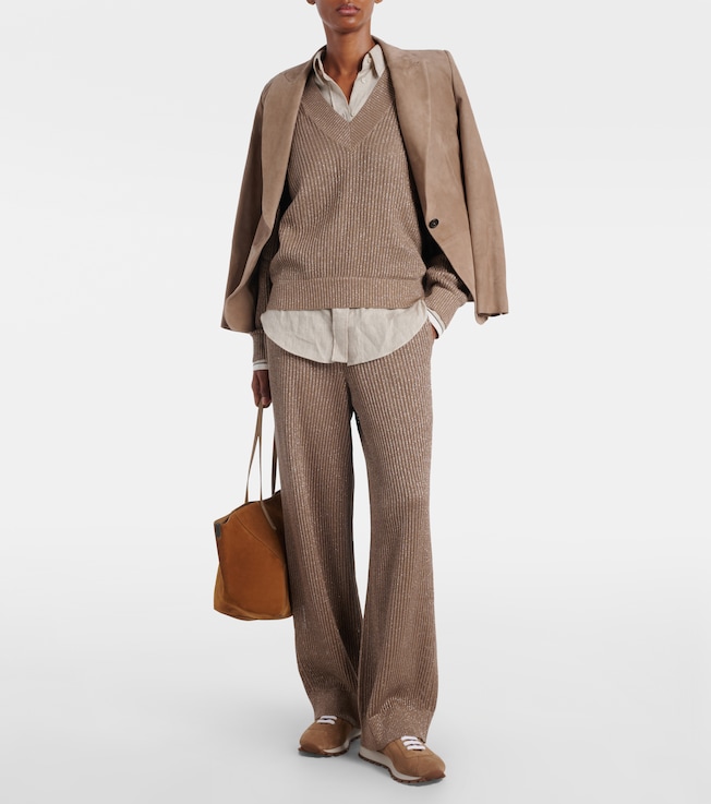 Brunello Cucinelli Ribbed-knit cotton-blend wide-leg pants