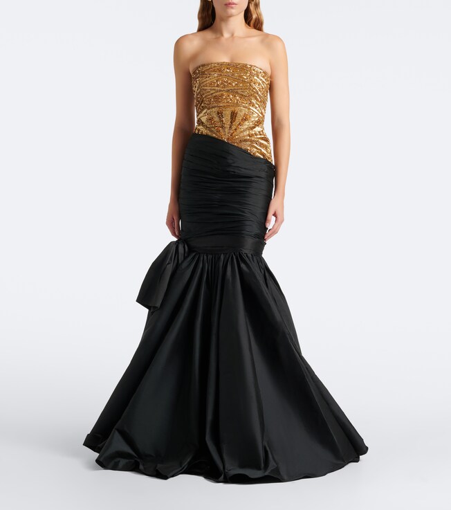 LA FUORI Là Fuori Gilded Geo draped sequined bustier gown