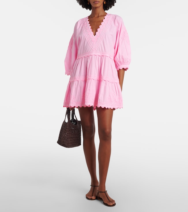 Juliet Dunn Embroidered tiered cotton poplin minidress