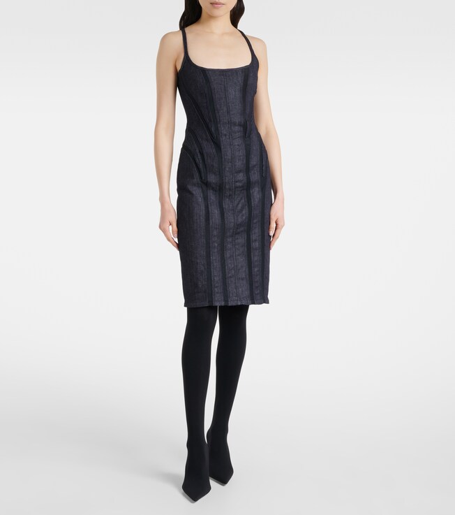 Mugler Mesh-trimmed denim midi dress