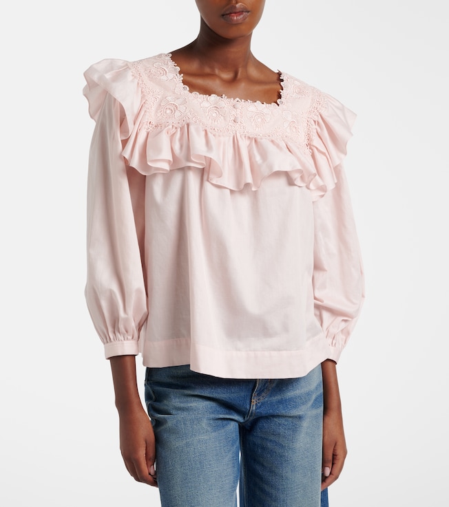 Chloé Ruffled lace-trimmed cotton blouse