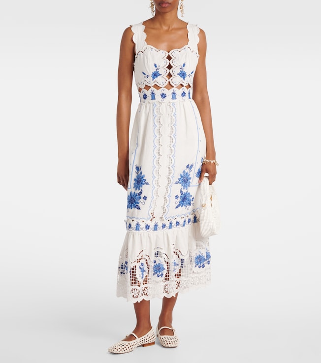 FARM Rio Embroidered linen-blend midi dress