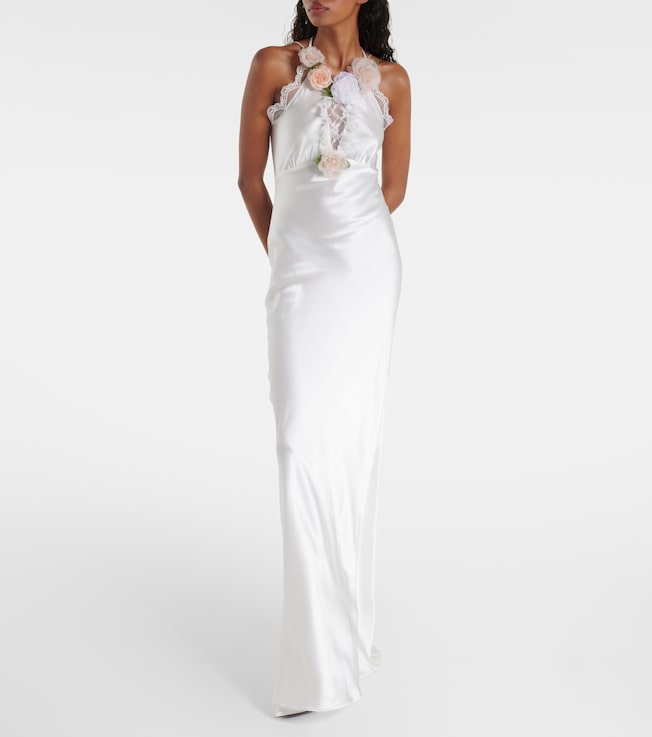 Rodarte Bridal floral-appliqué lace-trimmed silk gown