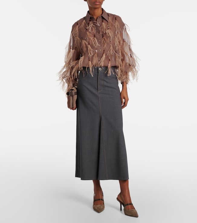 Brunello Cucinelli Feather-trimmed silk organza shirt