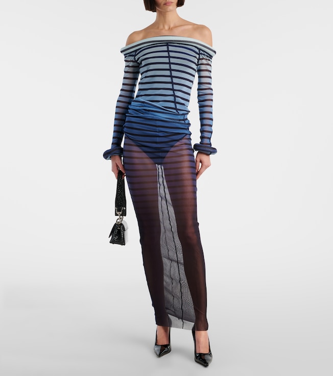 Jean Paul Gaultier Striped semi-sheer tulle maxi dress